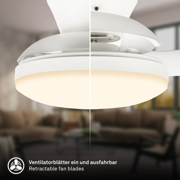 Deckenventilator mit integrierter Beleuchtung und ein- und ausfahrbaren Flügeln in einem hellen modern eingerichteten Wohnzimmer.