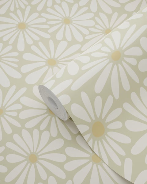 Vliestapete mit großem floralem Gänseblümchen-Muster im Retro-Stil.
