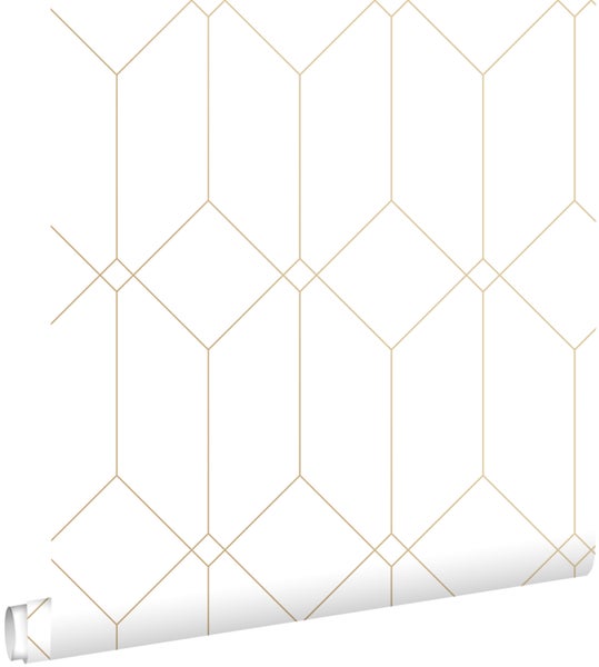 ESTAhome Tapete Art Decó Muster Weiß und Gold - 53 cm x 10.05 m - 139223