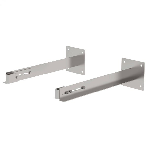 Wandhalterungs-Set aus Metall, zwei verstellbare Konsolen mit quadratischen Montageplatten und Befestigungsschrauben.