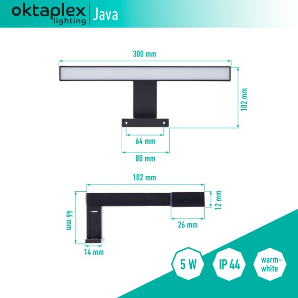 Spiegelleuchte 3000K warmweiß 5W IP44 schwarz 30cm Schranklampe 320Lm als Aufbauleuchte oder Klemmleuchte Spiegelllampe