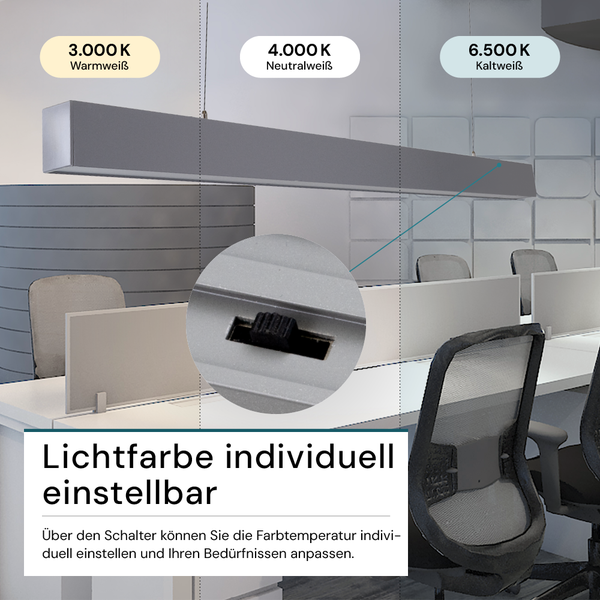 Büroraum mit justierbarer Hängeleuchte mit Schalter zur Einstellung der Farbtemperatur