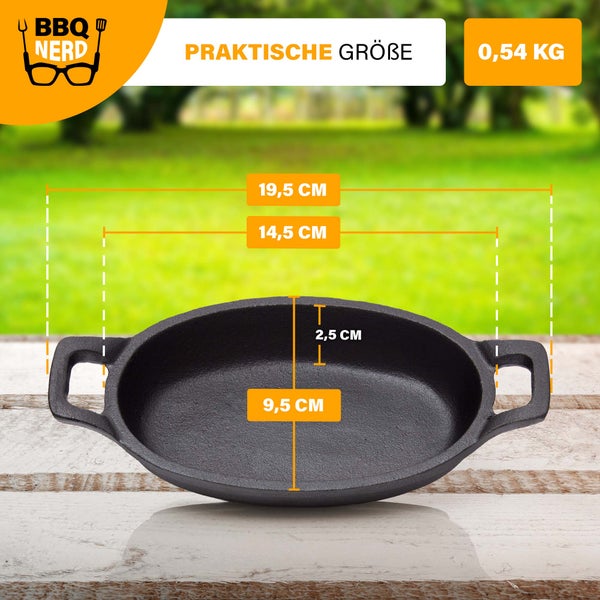 BBQ-Nerd Servierpfännchen aus Gusseisen im 6er Set |  Grillpfännchen - oval 20x9,5 cm - zum Braten Überbacken Grillen Anrichten Servieren | Gusspfännchen für einzelne Portionen