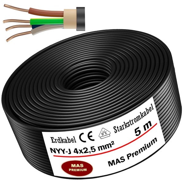 MAS Premium Erdkabel Starkstromkabel NYY-J 4 mal 2,5 Quadratmillimeter, Länge 5 Meter, VDE-geprüft und CE-Kennzeichnung.