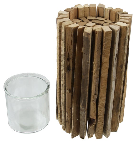 FRANK FLECHTWAREN | Windlicht Stakete, klein, HOLZ, Ø 18 x 41 cm, Glas Ø 12 x 12 cm, ohne Kerze