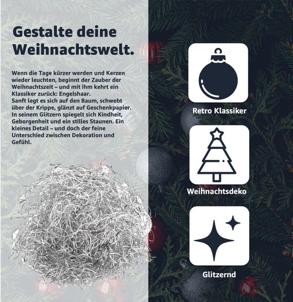 Weihnachtsdekoration mit Lametta, Christbaumkugel und Sternen