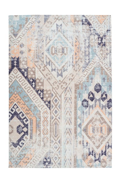 Rechteckiger Teppich mit geometrischem Ethno-Muster und Vintage-Stil.