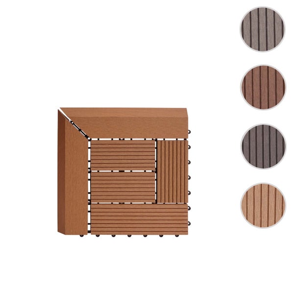 Terrassenfliese aus Holz-Kunststoff-Verbundwerkstoff mit Eckabschluss und Klicksystem, geriffelte Oberfläche, verschiedene Varianten.