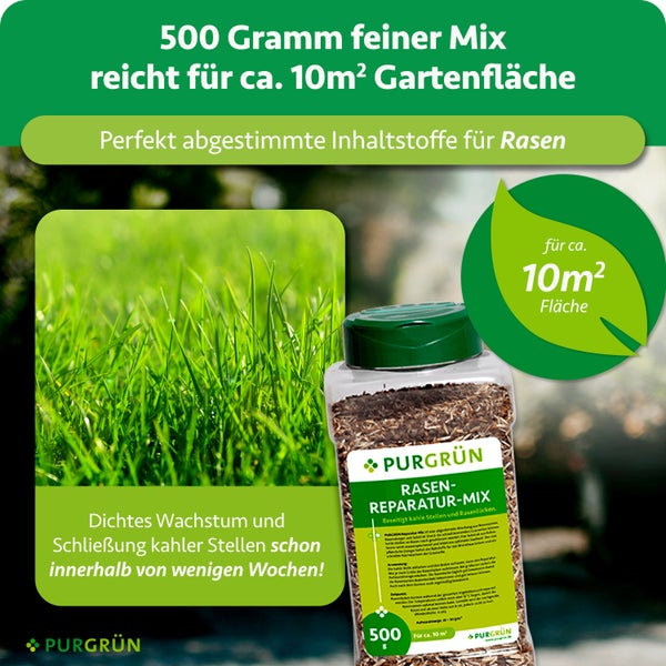 PURGRÜN Rasen-Reparatur-Mix, 500 Gramm für circa 10 Quadratmeter, sorgt für dichtes Wachstum und schließt kahle Stellen, PURGRÜN Logo.