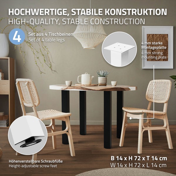 ML-Design 4er Set Tischbeine I-Design 72 cm, Weiß glänzend, aus pulverbeschichtetem Stahl, eckig, Profil 8x8 cm, Höhenverstellbare Möbelfüße 1-4cm, Möbelbeine für Esstisch Schreibtisch Arbeitstisch