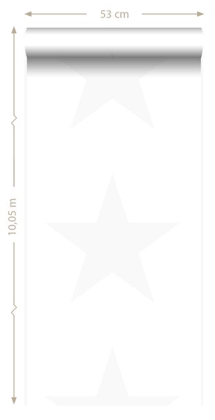 Tapetenrolle mit Sternenmuster und Größenangaben 53 Zentimeter mal 10,05 Meter