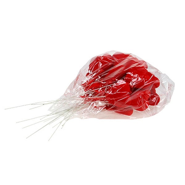 Packung mit roten Deko-Rosen im Folienbeutel