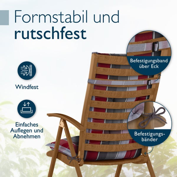 Gartenstuhlauflage mit Befestigungsbändern und Eckband, windfest, rutschfest, formstabil und einfach anzubringen.