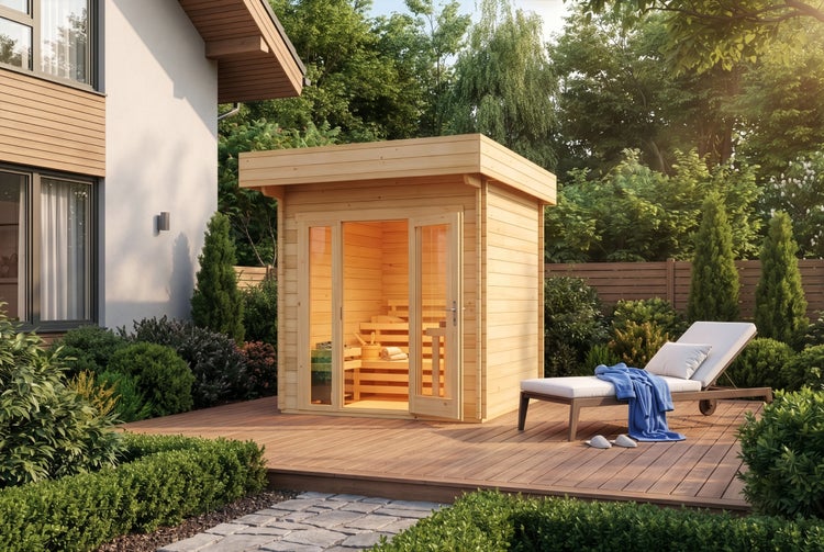 Moderne Außensauna aus Holz auf einer Holzterrasse in einem hellen Garten mit Liegestuhl und grüner Bepflanzung.
