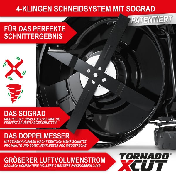 Patentiertes Tornado X-CUT 4-Klingen Schneidsystem für Rasenmäher mit Sograd und Doppelmesser. Tornado X-CUT Logo.