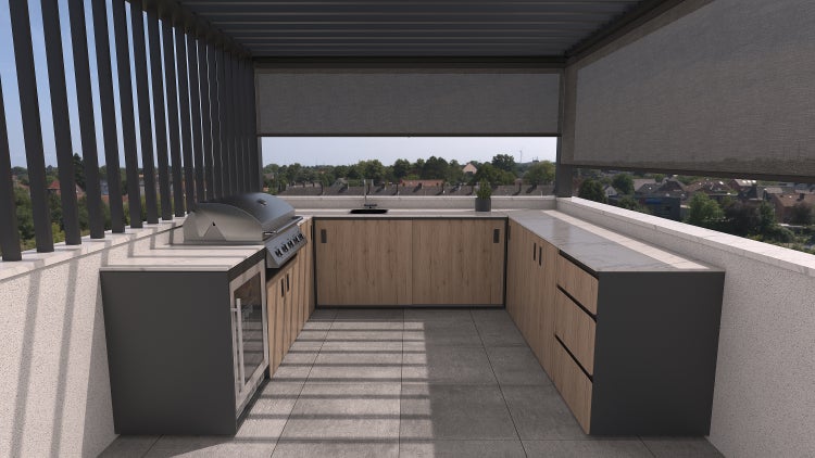 Outdoor-Küche mit Grill, Spüle, Arbeitsfläche und Stauraum auf einer Terrasse.