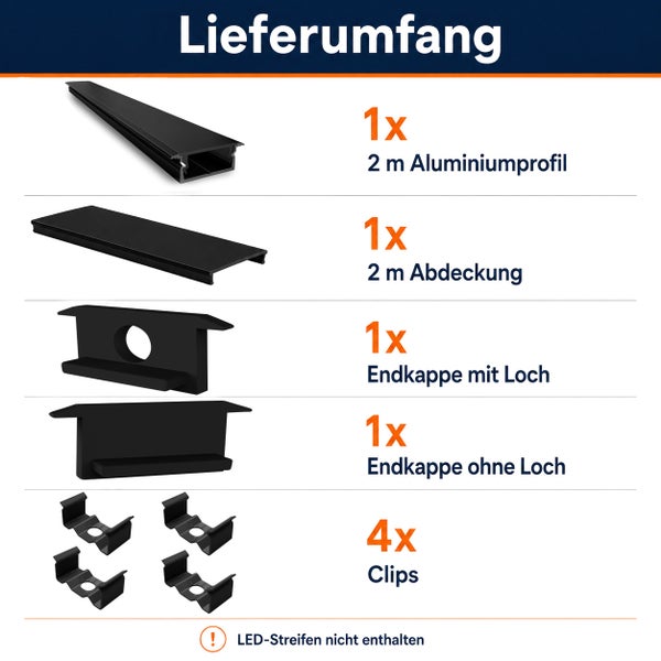 Lieferumfang für LED Profil Set bestehend aus zwei Meter Aluminiumprofil, Abdeckung, Endkappen und Clips.