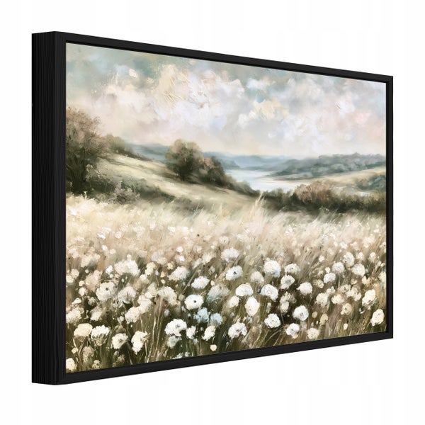 Wandbild mit Landschaftsmotiv von einer Blumenwiese im Impressionismus Stil mit schwarzem Holzrahmen in Perspektivansicht