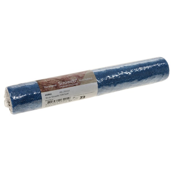 Blauer Sizoweb Tischläufer in der Rolle, 30 Zentimeter breit, 5 Meter lang, aus Polyester und Polyamid.