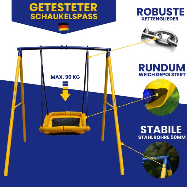 Geprüfte Schaukel mit robusten Kettengliedern, weicher Polsterung und stabilen Stahlrohren bis maximal 90 Kilogramm