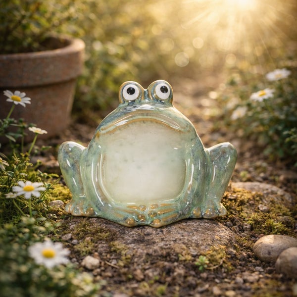 Gartenfigur Frosch aus Keramik mit glänzender Glasur in einem Garten zwischen Blumen und Moos.