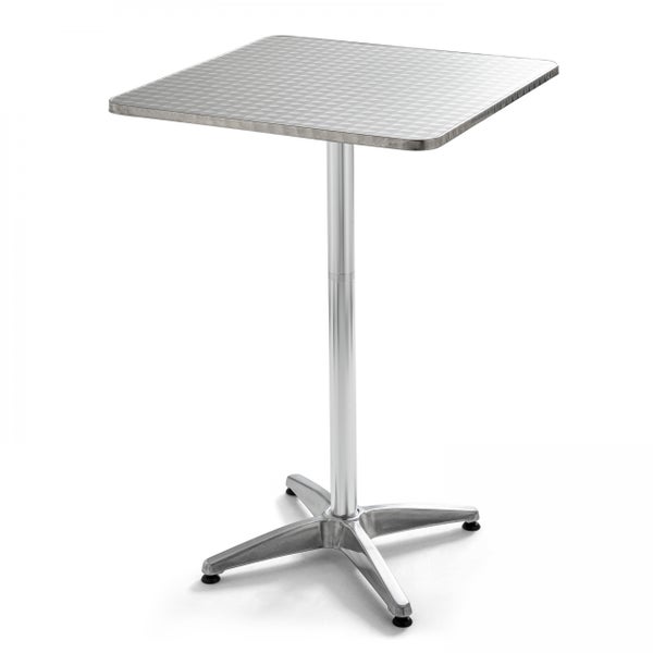 Quadratischer Stehtisch aus Aluminium mit höhenverstellbarem Gestell und Vierfußkreuz.