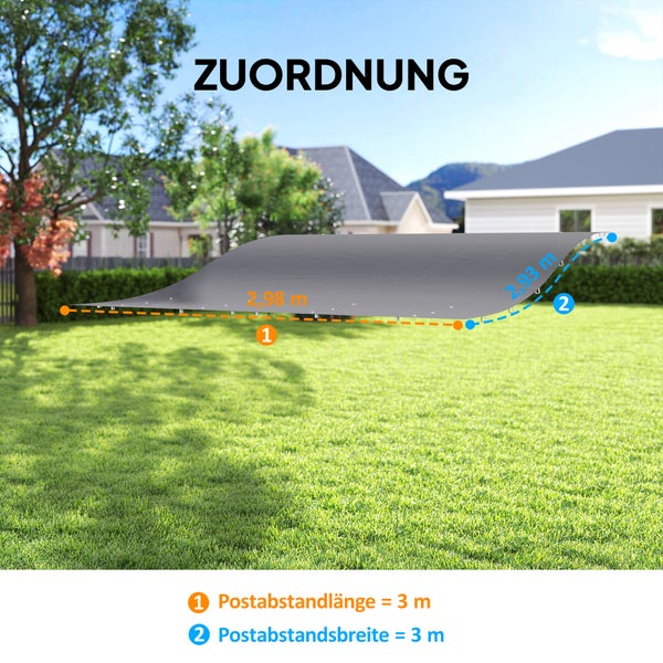 Sonnensegel über Rasenfläche mit Maßangaben: 2,98 Meter Länge, 2,93 Meter Breite und Pfostenabstand von 3 mal 3 Meter.