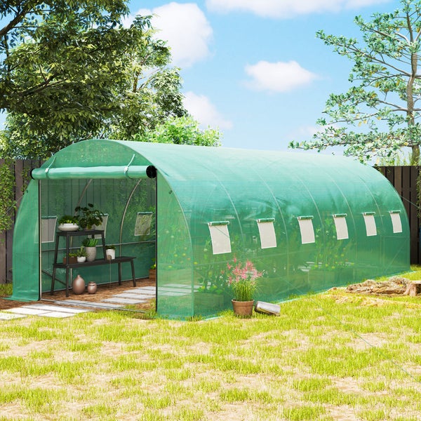 Outsunny Gewächshaus Foliengewächshaus mit 12 Fenster, Rolltür, Aufrollbar Seitenwänden, UV-beständiger Folientunnel, Winterfest Tomatenhaus mit Erdanker, Grün