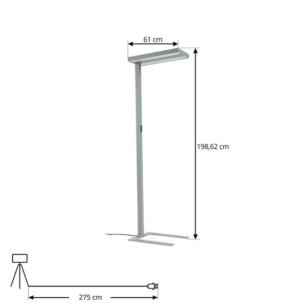 Technische Zeichnung einer Büro-Stehlampe mit Maßen: Höhe 198,62 Zentimeter, Breite 61 Zentimeter und Kabellänge 275 Zentimeter.