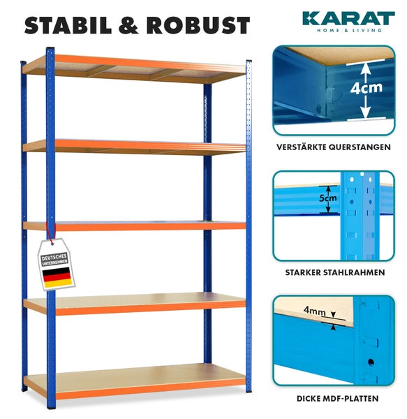 Schwerlastregal mit fünf Ebenen, verstärkten Querstangen, Stahlrahmen, Holzfaserplatten, Siegel deutsches Unternehmen. Karat Home and Living Logo.