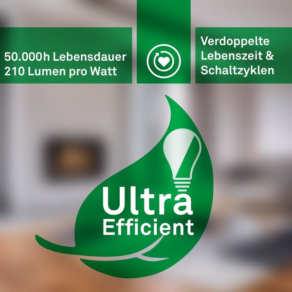 Ultra Efficient Leuchtmittel Eigenschaften: 50000 Stunden Lebensdauer, 210 Lumen pro Watt, doppelte Lebensdauer und Schaltzyklen.