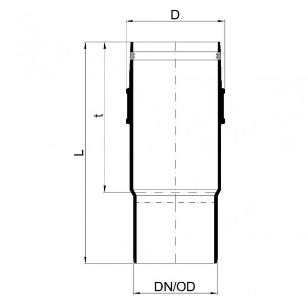 Technische Zeichnung eines Rohrfittings mit Maßangaben für Länge, Durchmesser und Einstecktiefe.