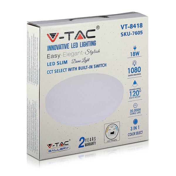 V-TAC VT-8418 - 3IN1 LED-Kuppelleuchten rund - Farbwechselschalter - IP20 - Weiß - 18W - 1530