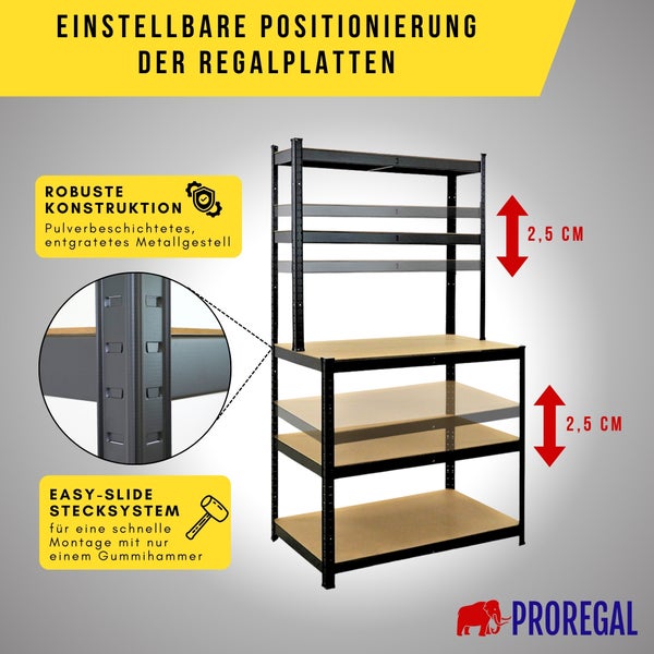 Schwerlastregal mit Werkbank aus schwarzem Metall und Holzfaserplatten. Höhenverstellbare Böden alle 2,5 Zentimeter mit einfachem Stecksystem.