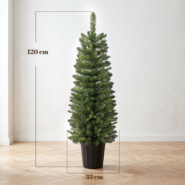 Künstlicher Weihnachtsbaum in einem Topf mit einer Höhe von 120 Zentimetern und einem Durchmesser von 35 Zentimetern.