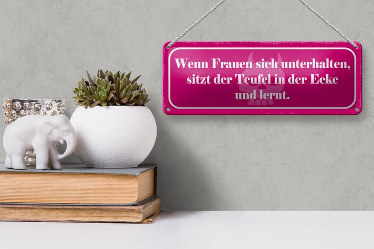 Blechschild Spruch 27x10cm Frauen unterhalten Teufel lernt Dekoration