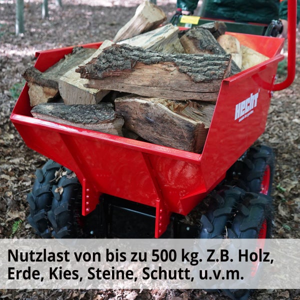 Hecht Motorschubkarre beladen mit Brennholz im Wald, Nutzlast von bis zu 500 Kilogramm für den Transport von Holz, Erde, Kies und Steinen.
