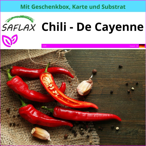 SAFLAX Geschenk Set - Chili - De Cayenne - Capsicum annum - 20 Samen - Mit Geschenkbox, Versandaufkleber, Geschenkkarte und Anzuchtsubstrat