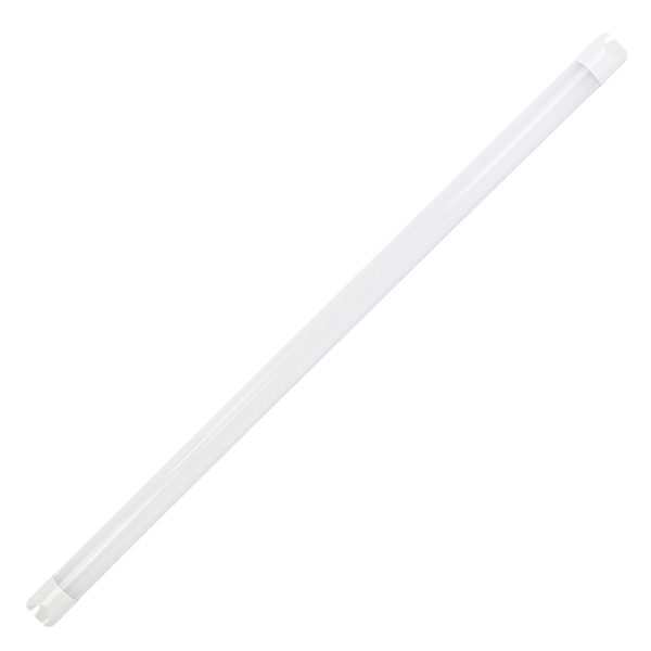 Schlanke LED-Lichtleiste mit weißem Kunststoffdiffusor und integrierten Endkappen.