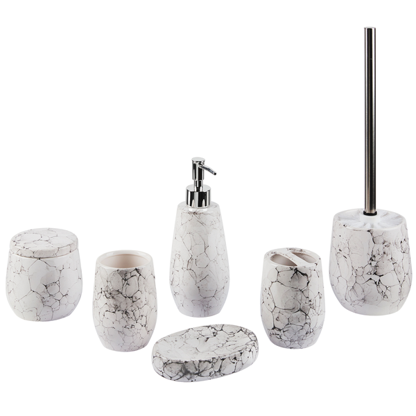 Sechsteiliges Badezimmer-Accessoire-Set mit Marmoroptik, bestehend aus Seifenspender, Seifenschale, Becher, Zahnbürstenhalter, Dose mit Deckel und Toilettenbürste mit Halter.