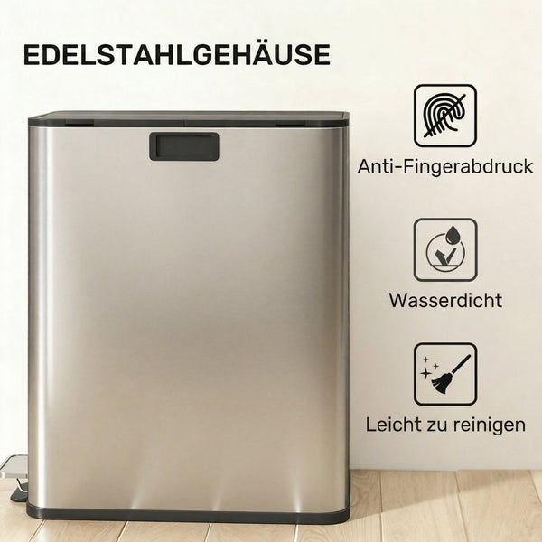 Tretmülleimer aus Edelstahl mit Anti-Fingerabdruck-Beschichtung, wasserdicht und leicht zu reinigen.