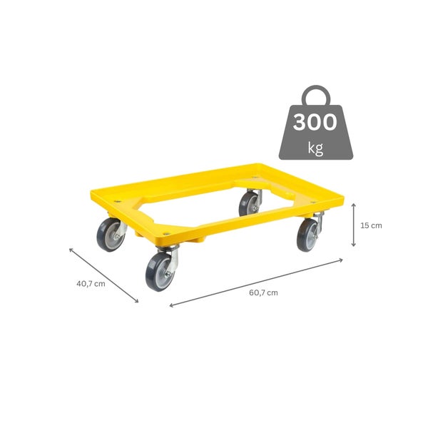 PROREGAL SparSet 2x Transportroller für Euroboxen 60 x 40 cm mit Gummiräder Gelb Offenes Deck 2 Lenkrollen und 2 Bockrollen Traglast 300 kg