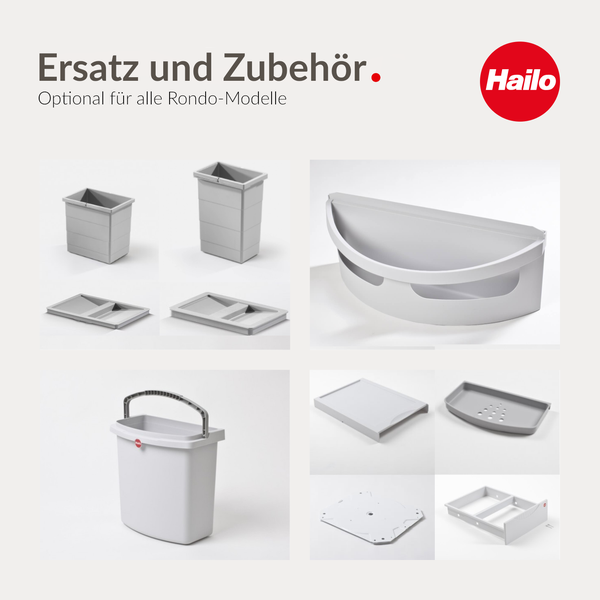 Hailo Logo und verschiedene Kunststoff-Ersatzteile und Zubehör für Rondo Abfallsammler wie Eimer, Deckel, Schalen und Montagerahmen.
