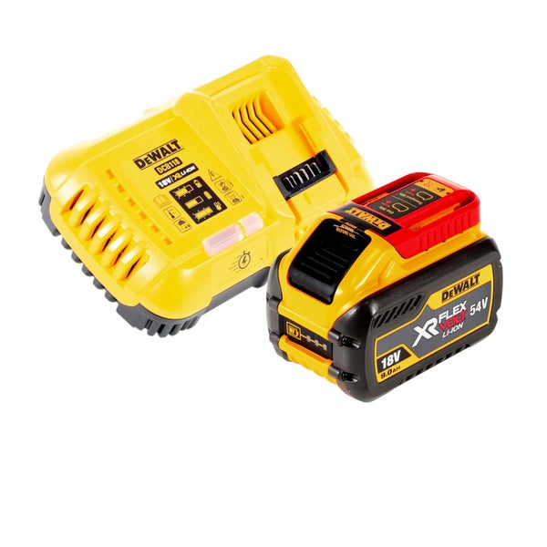 DeWALT Akku-Starter-Set mit Schnellladegerät DCB118 und XR Flexvolt Akku 18 Volt beziehungsweise 54 Volt mit 9 Amperestunden.