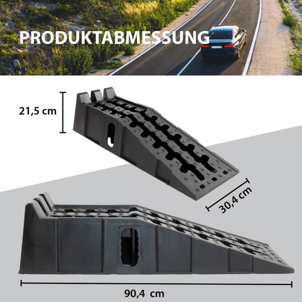 Abbildung von zwei schwarzen Auffahrrampen mit den Maßen 21,5 cm Höhe, 30,4 cm Breite und 90,4 cm Länge.