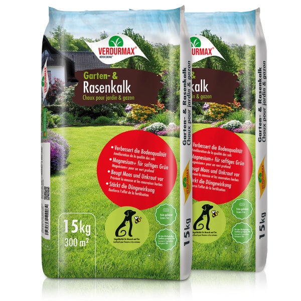 Zwei Säcke Garten- und Rasenkalk von Verdurmax mit je 15 Kilogramm Füllgewicht