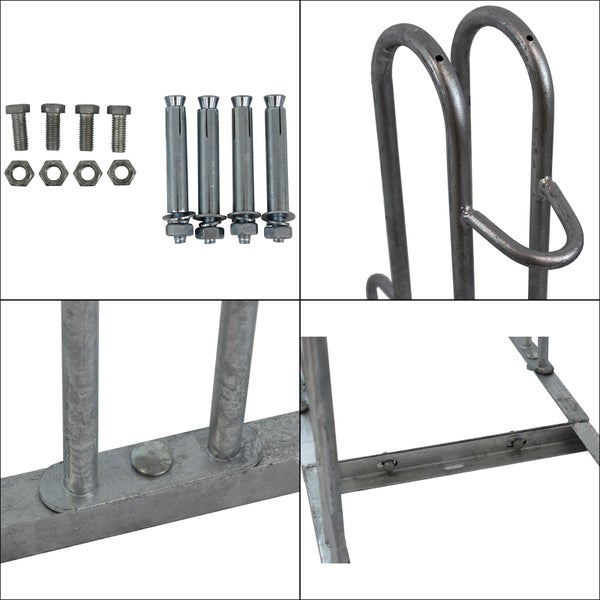 Bilder zeigen Details eines Fahrradständers und zugehöriges Montagematerial.