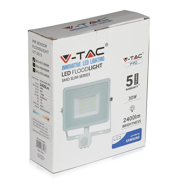 V-TAC VT-30-S-W - Drehbare LED-Flutlichtstrahler mit PIR-Sensor - Samsung - IP65 - Weiß - 30W