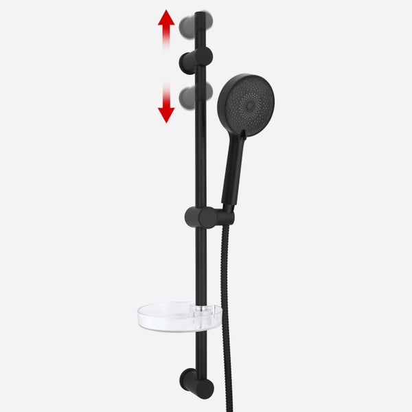 Höhenverstellbare Brausegarnitur in Mattschwarz mit runder Handbrause, Brauseschlauch und transparenter Seifenschale an der Duschstange.