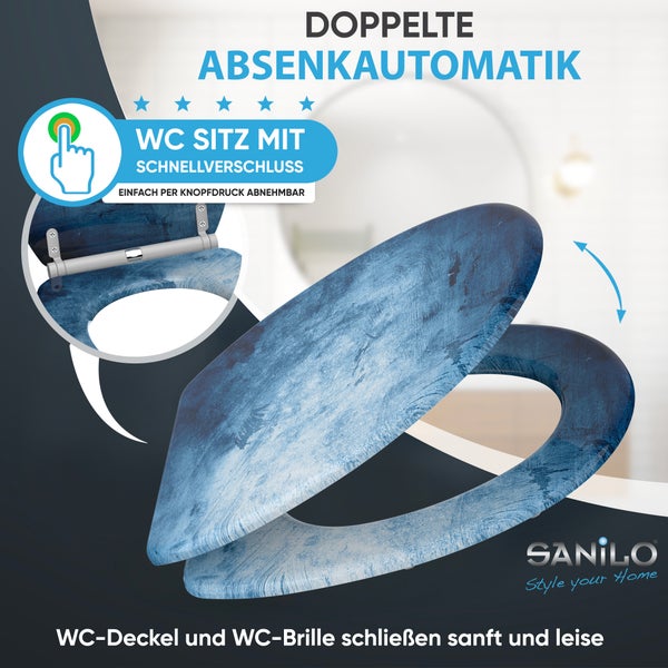 Sanilo WC-Sitz Blau Steinoptik, Maße 37,7 mal 46 bis 48 Zentimeter, Scharniere 11 bis 21,5 Zentimeter, belastbar bis 200 Kilogramm, bruchfest.